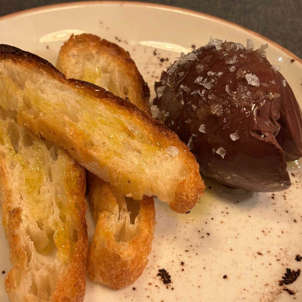 Salted chocolate with olive oil at Anardi restaurant in Barcelona