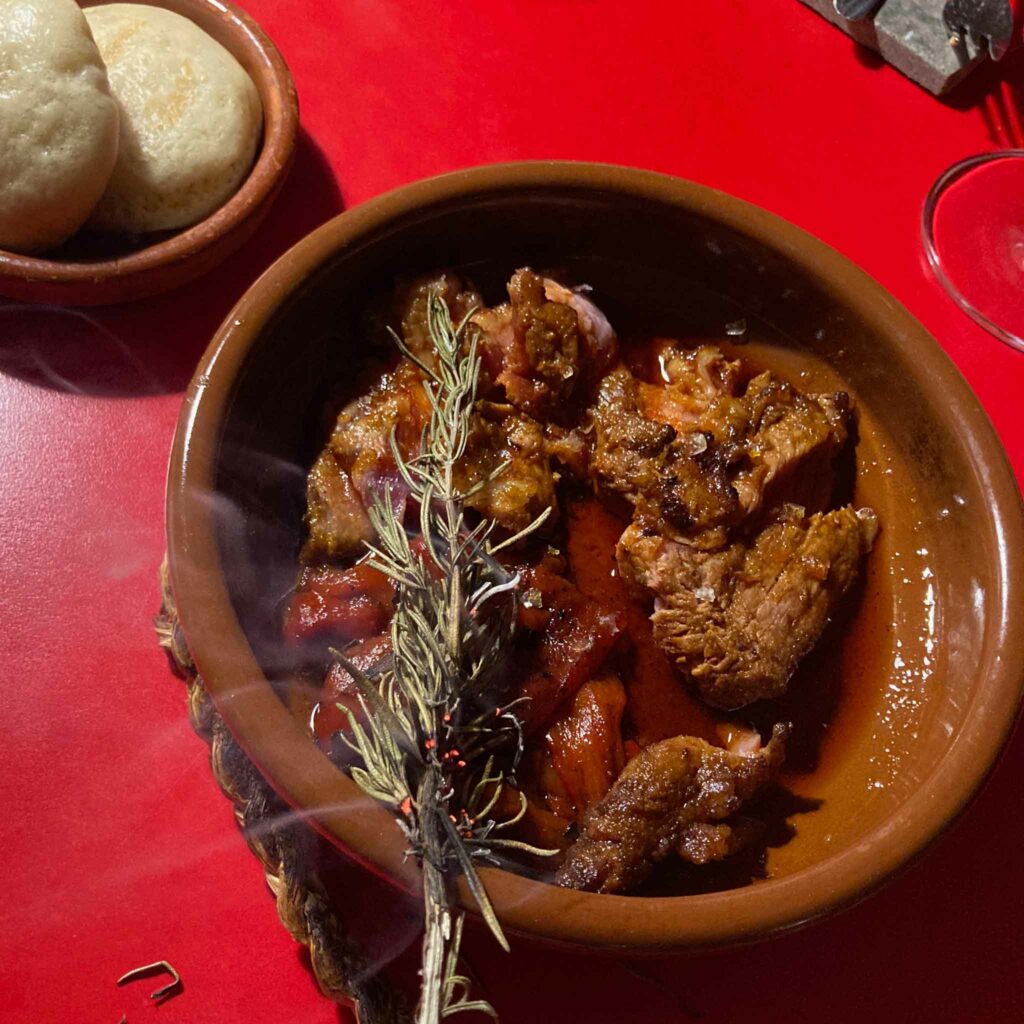 Pork with smoking rosemary at Dos Pebrots in Barcelona