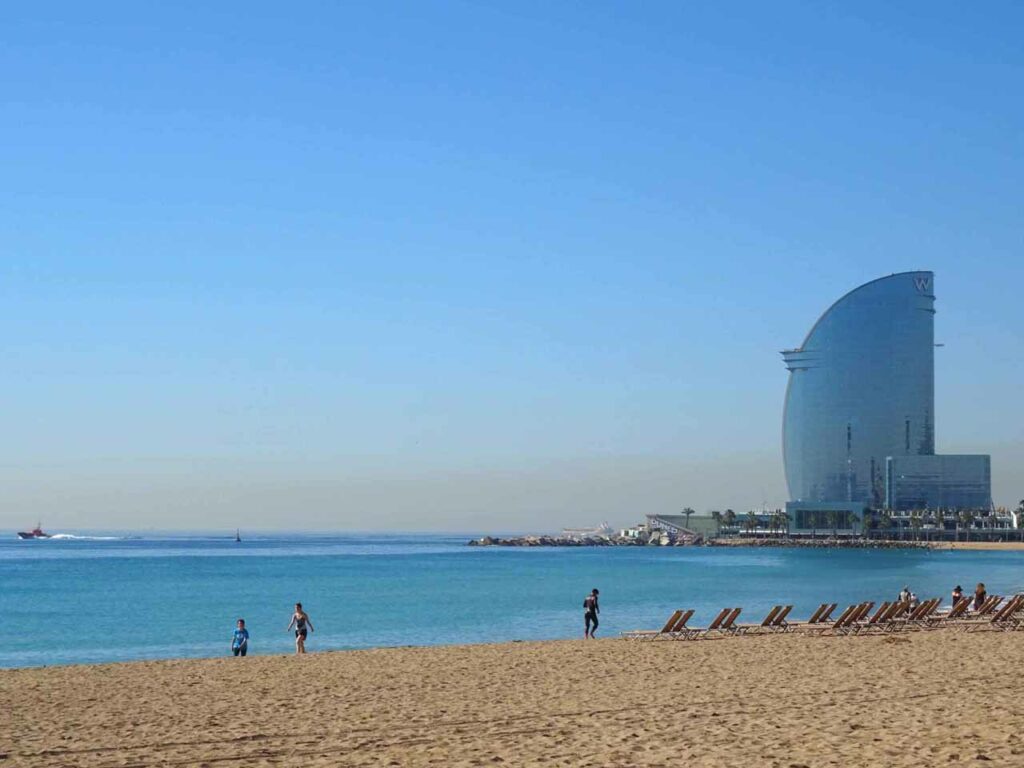 Uncrowded Barceloneta beach with the W Hotel in the background