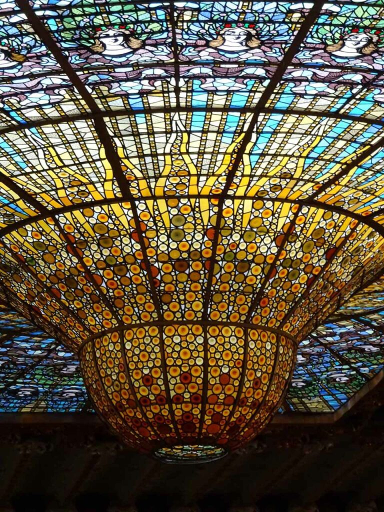 Gorgeous stained glass skylight at the Palau de la Música Catalana in Barcelona