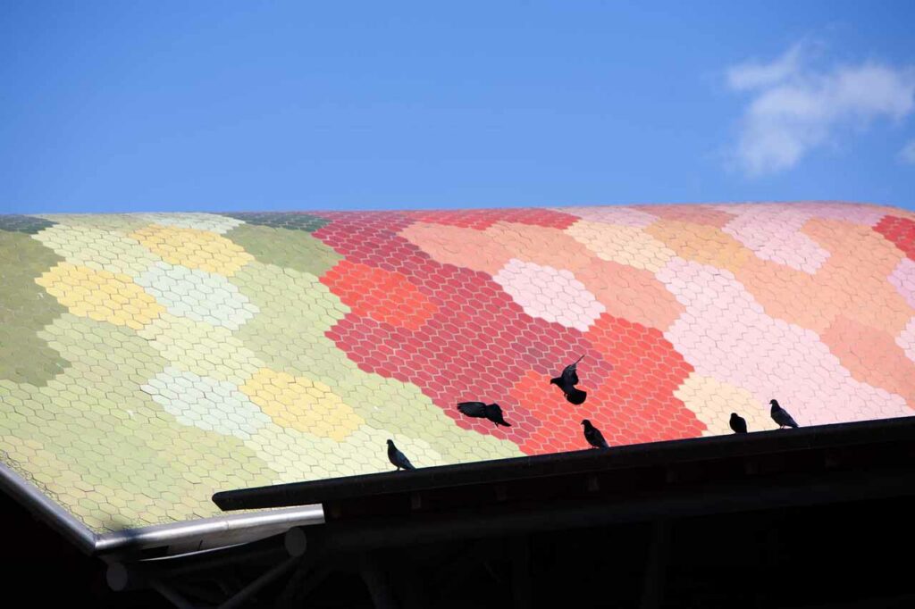 Pigeons silhouetted against the colorful mosaic roof of Barcelona's Santa Caterina Market