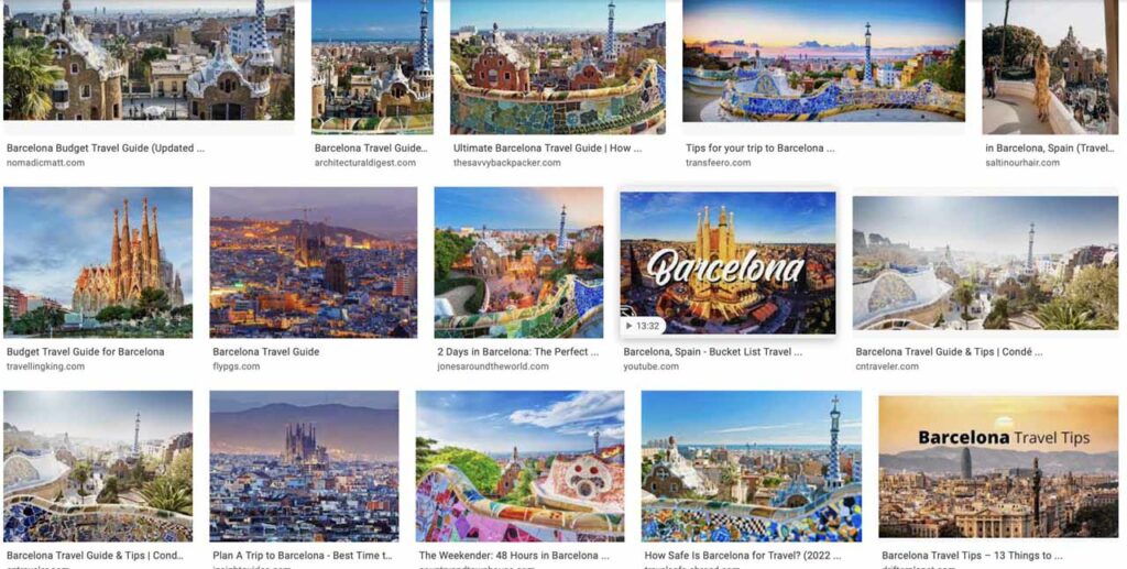 Screenshot of the top 15 Google image results when Barcelona travel is the search phrase. 10 are of Park Güell