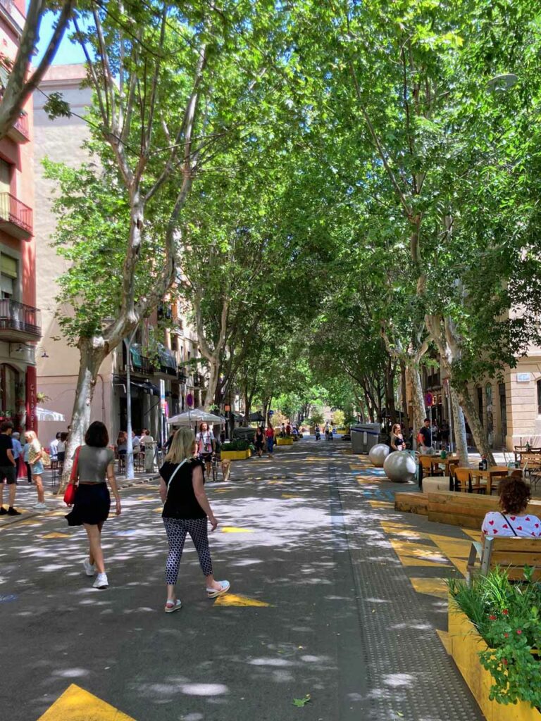 People taking over the streets from cars in a Barcelona superblock