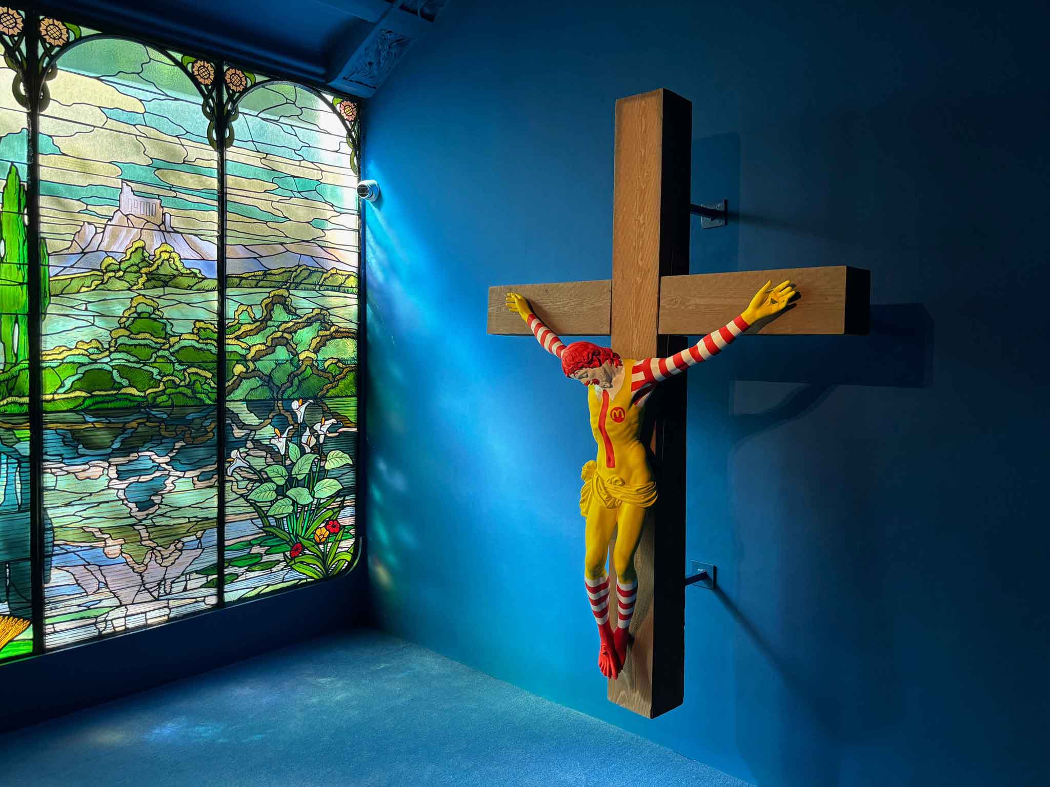 Ronald McDonald crucified at the Museum of Prohibited Art in Barcelona